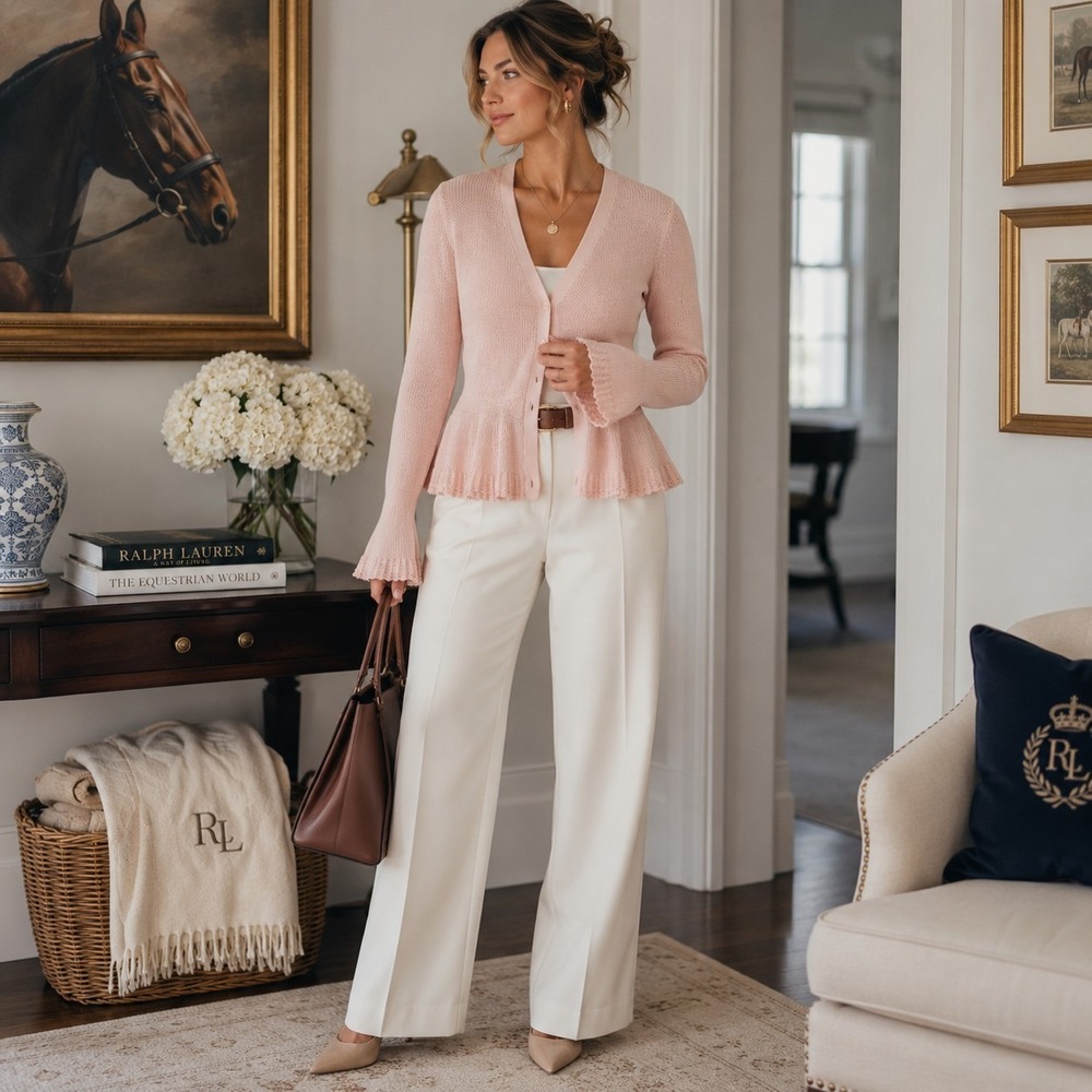 Lauren Ralph Lauren Peplum Cardigan XL Pink Button Up Romantic Feminine Preppy